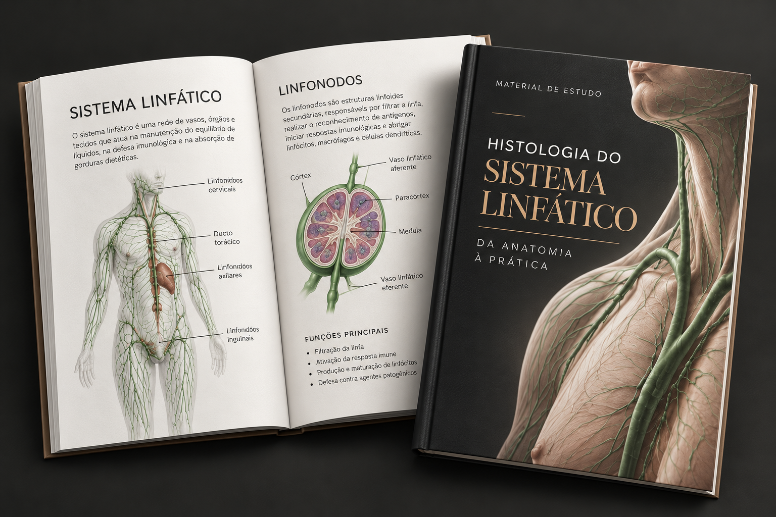 Livro aberto e capa do material Histologia do Sistema Linfático